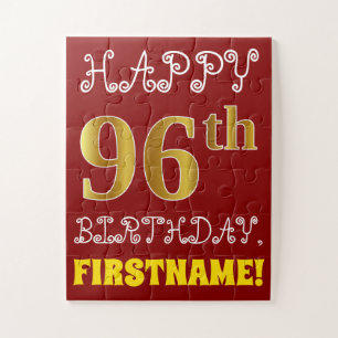 Red, Faux Gold 96th Birthday + Custom Name Puzzle