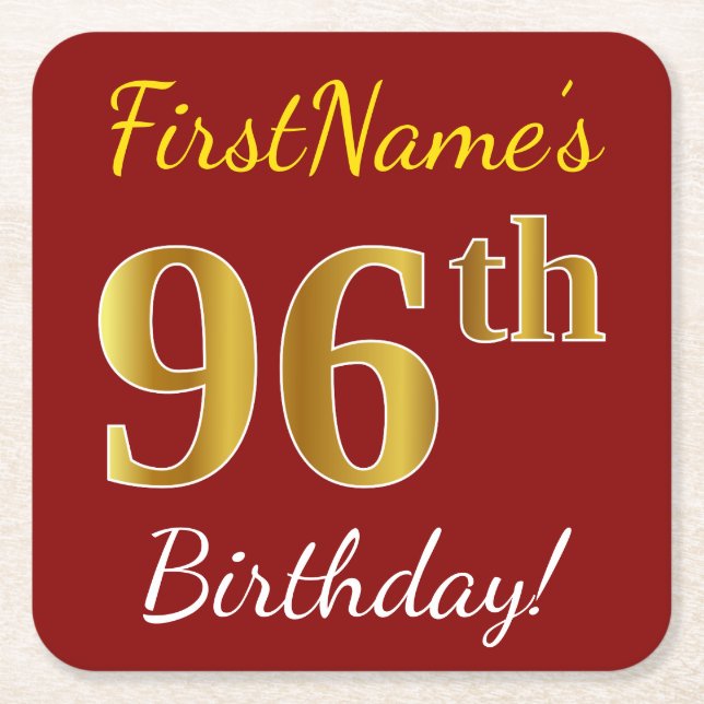 Red, Faux Gold 96th Birthday + Custom Name Square Paper Coaster (Front)