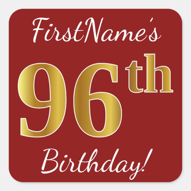 Red, Faux Gold 96th Birthday + Custom Name Sticker (Front)