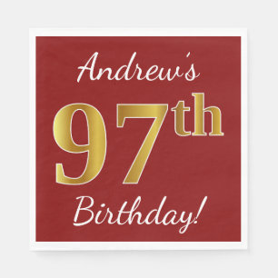 Red, Faux Gold 97th Birthday + Custom Name Paper Napkins
