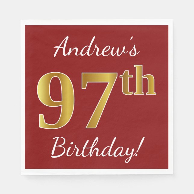 Red, Faux Gold 97th Birthday + Custom Name Paper Napkins (Front)
