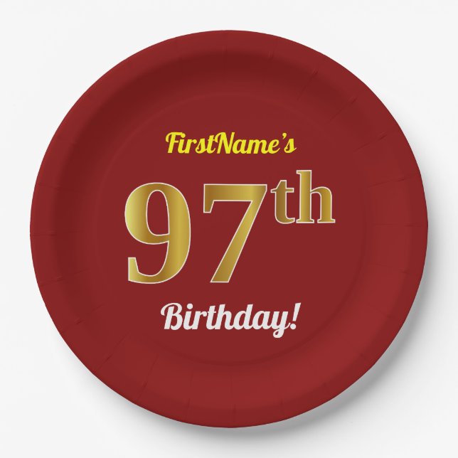 Red, Faux Gold 97th Birthday + Custom Name Paper Plates (Front)