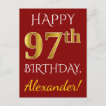 [ Thumbnail: Red, Faux Gold 97th Birthday + Custom Name Postcard ]