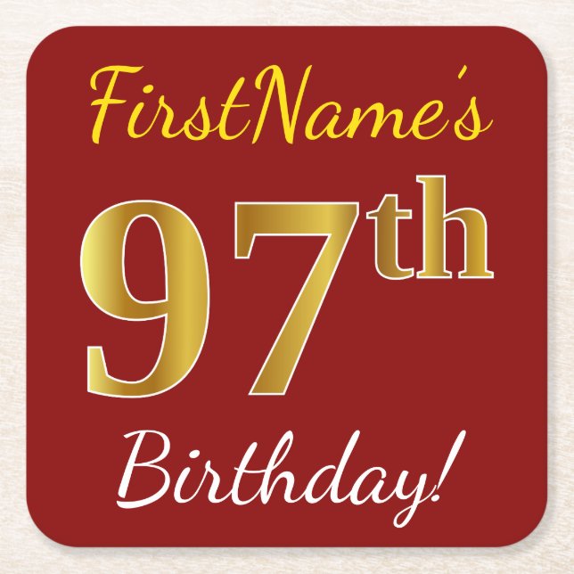 Red, Faux Gold 97th Birthday + Custom Name Square Paper Coaster (Front)