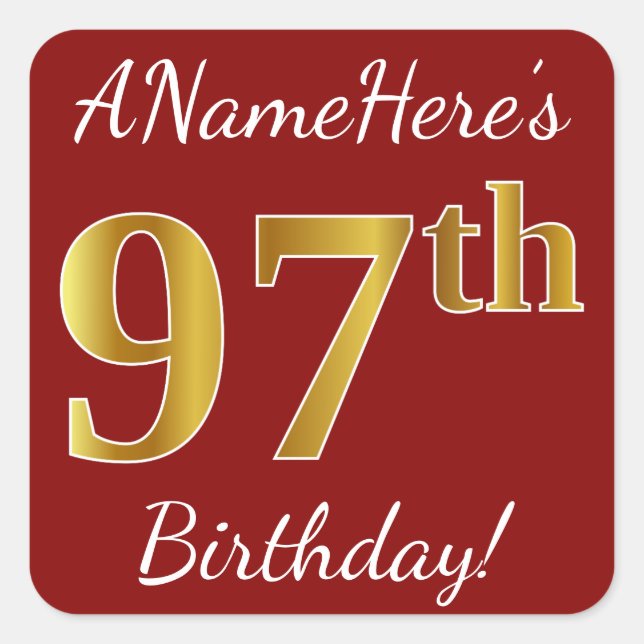 Red, Faux Gold 97th Birthday + Custom Name Sticker (Front)