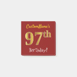 [ Thumbnail: Red, Faux Gold 97th Birthday, With Custom Name Notes ]