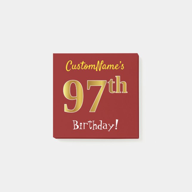 Red, Faux Gold 97th Birthday, With Custom Name Post-it Notes (Front)