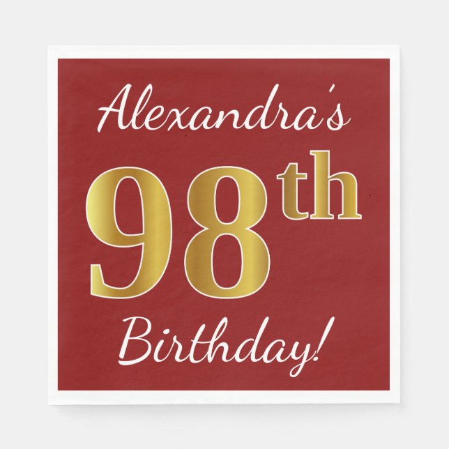 Red, Faux Gold 98th Birthday + Custom Name Paper Napkins (Front)