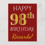 [ Thumbnail: Red, Faux Gold 98th Birthday + Custom Name Postcard ]