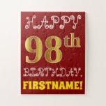 [ Thumbnail: Red, Faux Gold 98th Birthday + Custom Name Puzzle ]