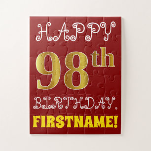Red, Faux Gold 98th Birthday + Custom Name Puzzle