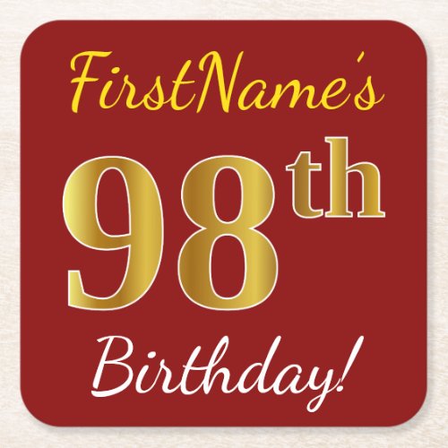 Red Faux Gold 98th Birthday  Custom Name Square Paper Coaster