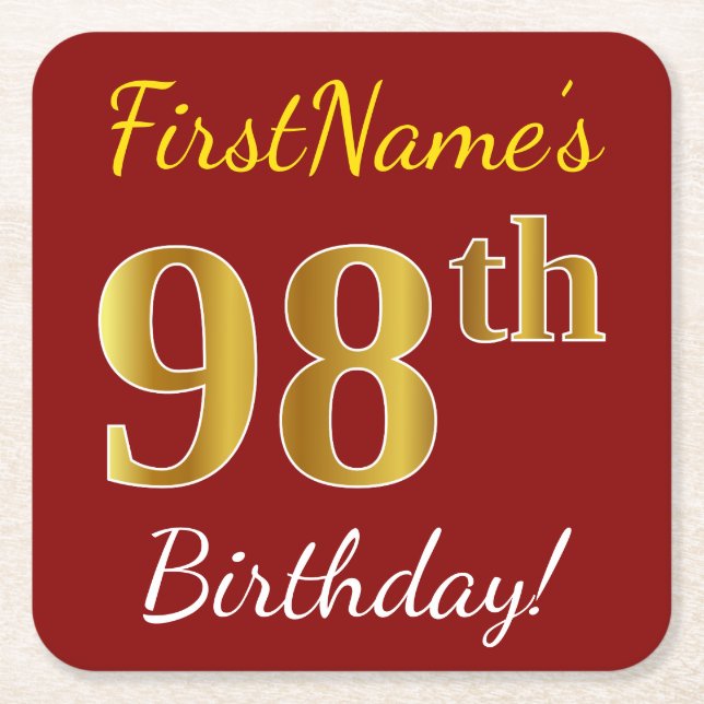 Red, Faux Gold 98th Birthday + Custom Name Square Paper Coaster (Front)