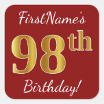 [ Thumbnail: Red, Faux Gold 98th Birthday + Custom Name Sticker ]