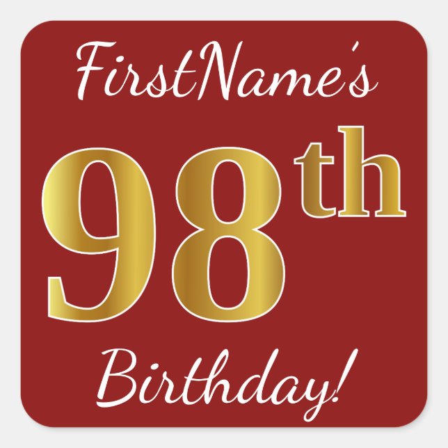 Red, Faux Gold 98th Birthday + Custom Name Sticker (Front)