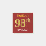 [ Thumbnail: Red, Faux Gold 98th Birthday, With Custom Name Notes ]