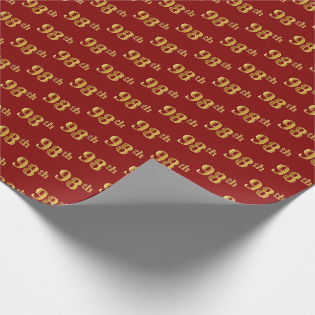 Red, Faux Gold 98th (Ninety-Eighth) Event Wrapping Paper (Corner)