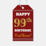 [ Thumbnail: Red, Faux Gold 99th Birthday + Custom Name Gift Tags ]
