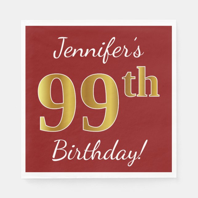 Red, Faux Gold 99th Birthday + Custom Name Paper Napkins (Front)