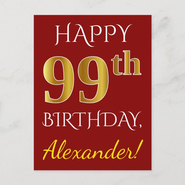 Red, Faux Gold 99th Birthday + Custom Name Postcard (Front)