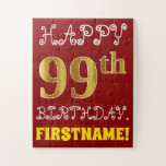 [ Thumbnail: Red, Faux Gold 99th Birthday + Custom Name Puzzle ]