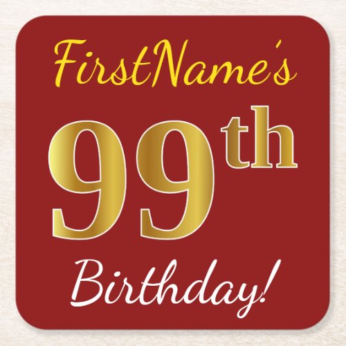 Red Faux Gold 99th Birthday  Custom Name Square Paper Coaster