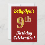 [ Thumbnail: Red, Faux Gold 9th Birthday Celebration + Name Invitation ]