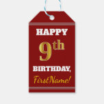 [ Thumbnail: Red, Faux Gold 9th Birthday + Custom Name Gift Tags ]