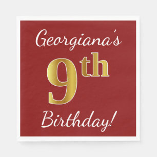 Red, Faux Gold 9th Birthday + Custom Name Paper Napkins