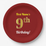 [ Thumbnail: Red, Faux Gold 9th Birthday + Custom Name Paper Plates ]