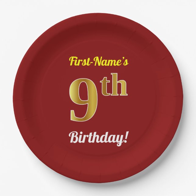 Red, Faux Gold 9th Birthday + Custom Name Paper Plates (Front)