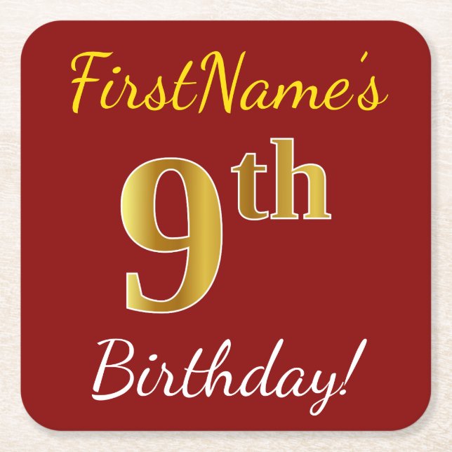 Red, Faux Gold 9th Birthday + Custom Name Square Paper Coaster (Front)