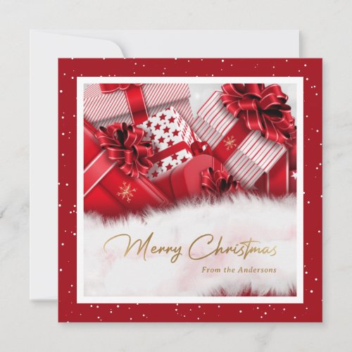 Red Faux Gold Foil Snow Gifts Christmas Cards