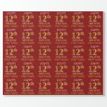 [ Thumbnail: Red, Faux Gold "Happy 12th Birthday" Wrapping Paper ]