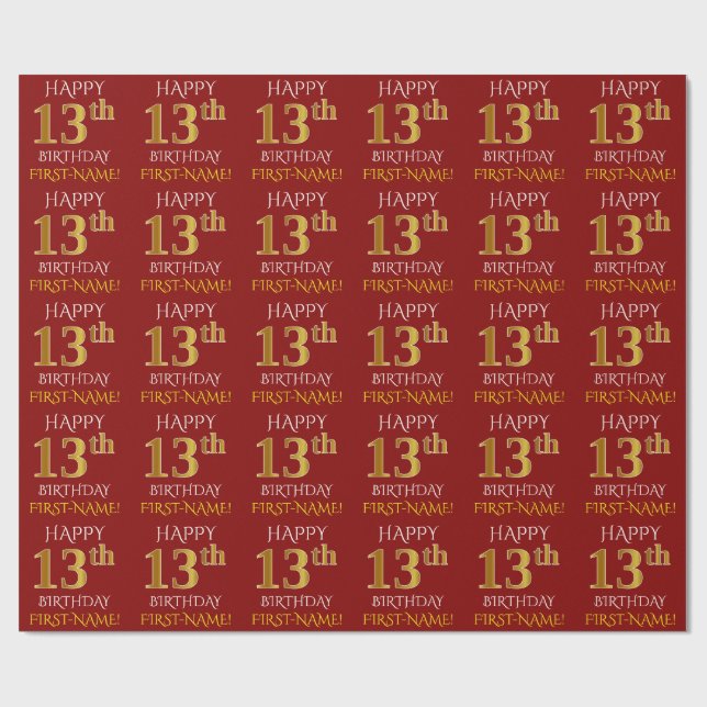 Red, Faux Gold "HAPPY 13th BIRTHDAY" Wrapping Paper (Flat)