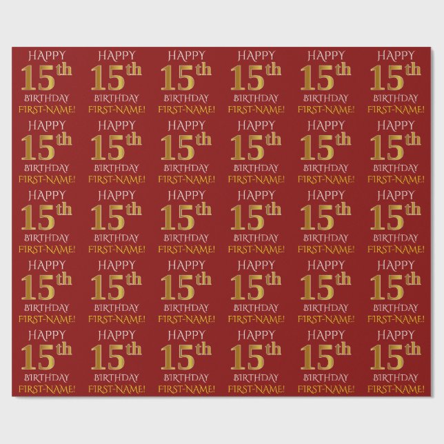 Red, Faux Gold "HAPPY 15th BIRTHDAY" Wrapping Paper (Flat)