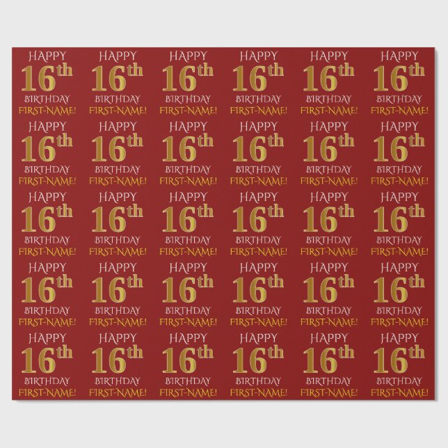 Red, Faux Gold "HAPPY 16th BIRTHDAY" Wrapping Paper (Flat)