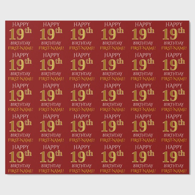 Red, Faux Gold "HAPPY 19th BIRTHDAY" Wrapping Paper (Flat)