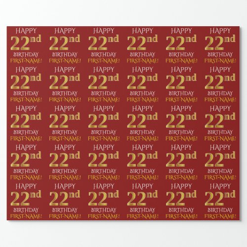 Red Faux Gold HAPPY 22nd BIRTHDAY Wrapping Paper