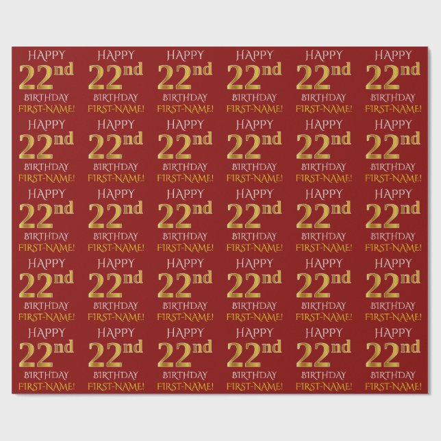 Red, Faux Gold "HAPPY 22nd BIRTHDAY" Wrapping Paper (Flat)