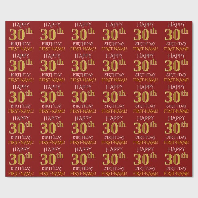Red, Faux Gold "HAPPY 30th BIRTHDAY" Wrapping Paper (Flat)