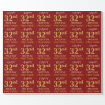 [ Thumbnail: Red, Faux Gold "Happy 32nd Birthday" Wrapping Paper ]