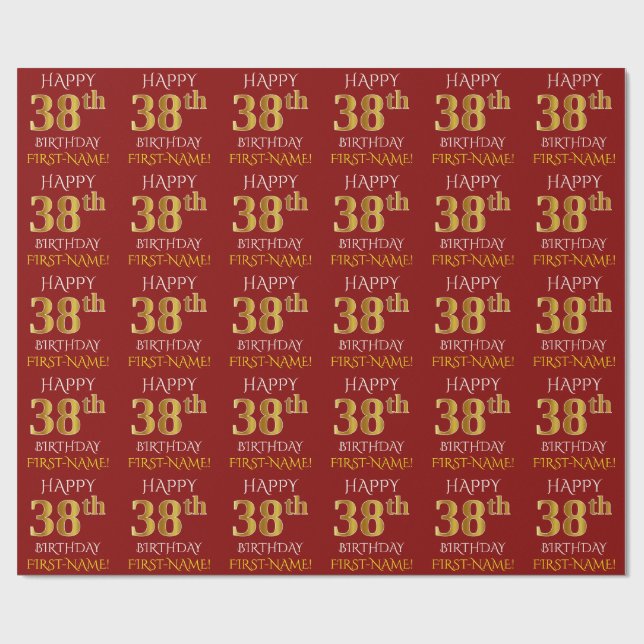 Red, Faux Gold "HAPPY 38th BIRTHDAY" Wrapping Paper (Flat)