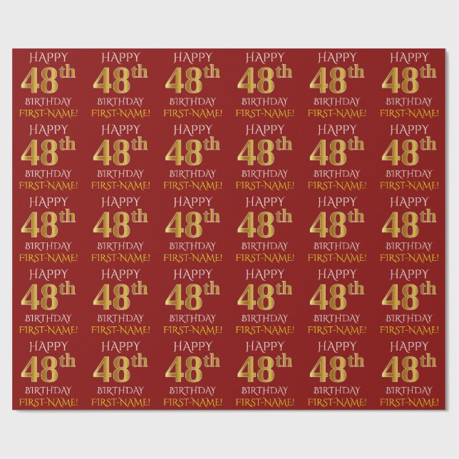 Red, Faux Gold "HAPPY 48th BIRTHDAY" Wrapping Paper (Flat)