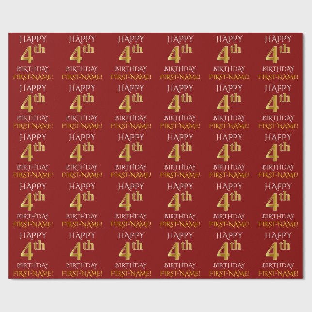 Red, Faux Gold "HAPPY 4th BIRTHDAY" Wrapping Paper (Flat)