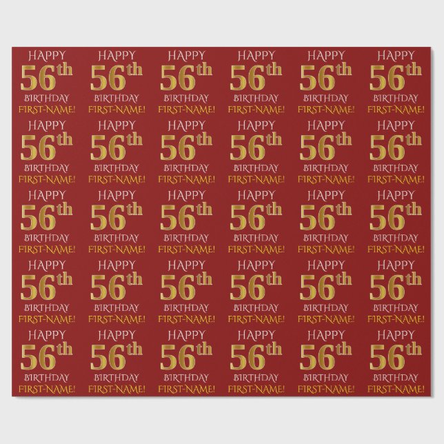 Red, Faux Gold "HAPPY 56th BIRTHDAY" Wrapping Paper (Flat)