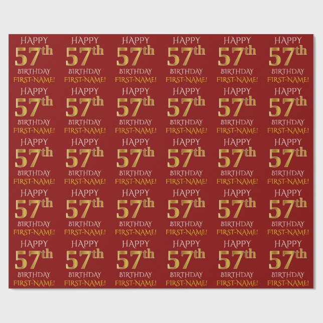 Red, Faux Gold "HAPPY 57th BIRTHDAY" Wrapping Paper (Flat)