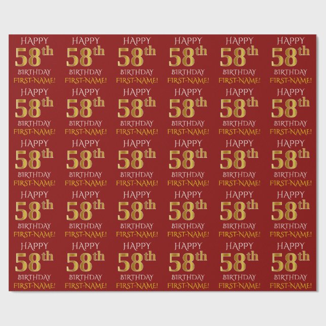Red, Faux Gold "HAPPY 58th BIRTHDAY" Wrapping Paper (Flat)
