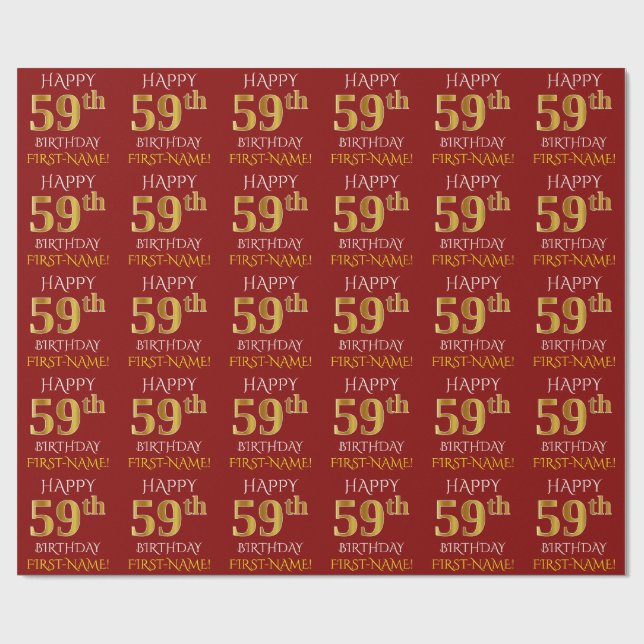 Red, Faux Gold "HAPPY 59th BIRTHDAY" Wrapping Paper (Flat)
