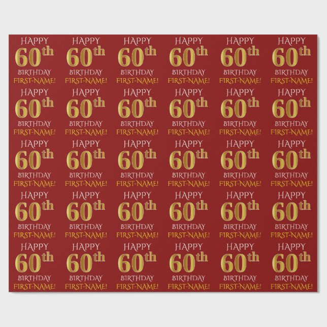 Red, Faux Gold "HAPPY 60th BIRTHDAY" Wrapping Paper (Flat)
